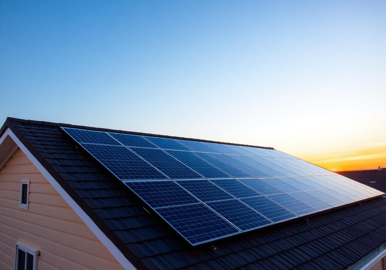 Painéis solares instalados em telhado residencial